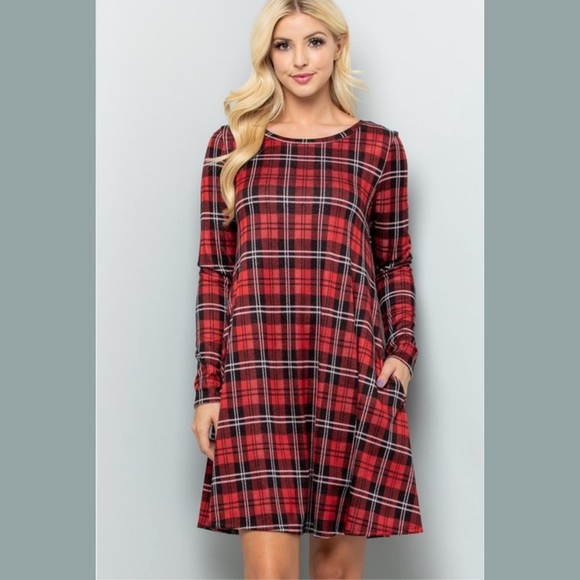 Red Plaid Dress Long Sleeves with Pockets - Picture 2 of 6